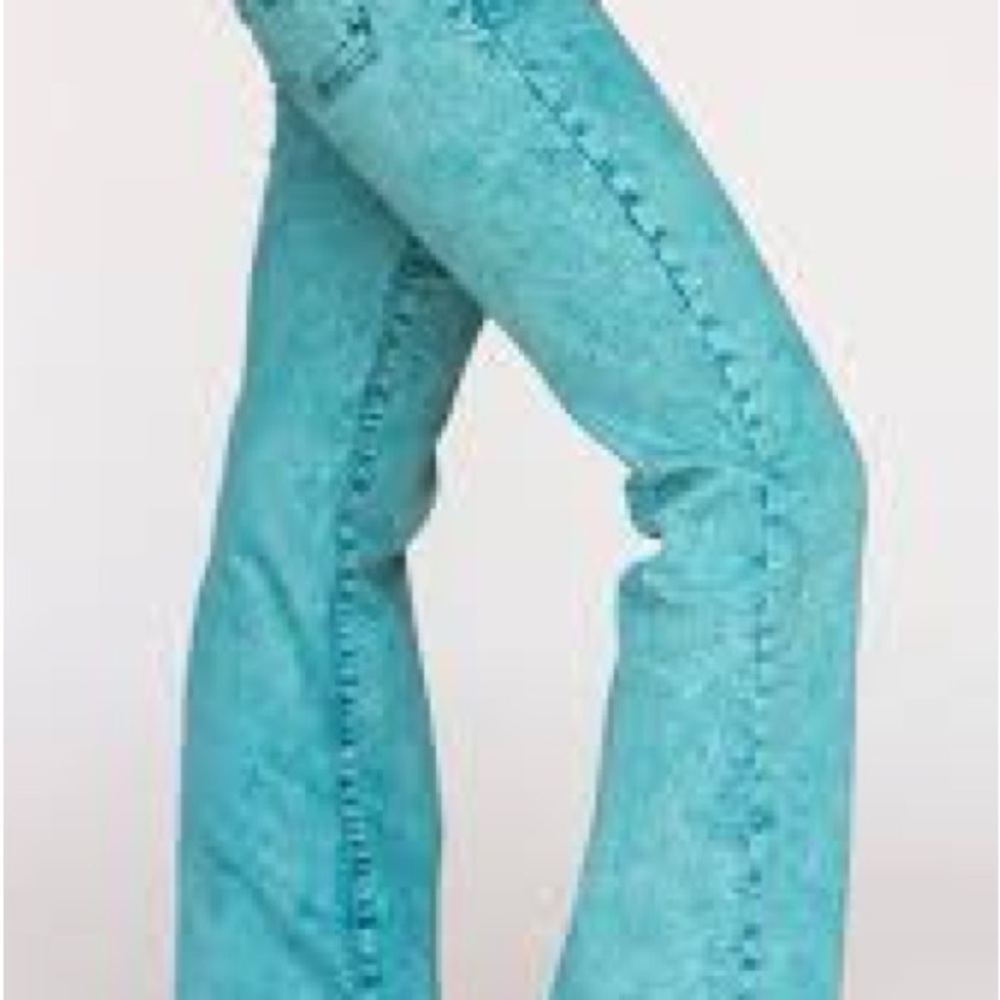 Green Flare Wide Leg Jeans with Decorative Detailing